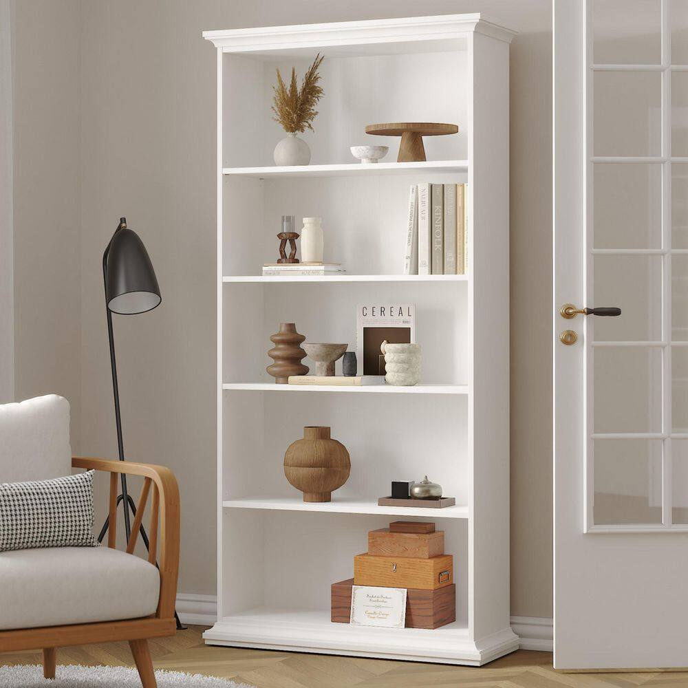 Sonoma Tall Wide Adjustable White Wood 5-Shelf Bookcase