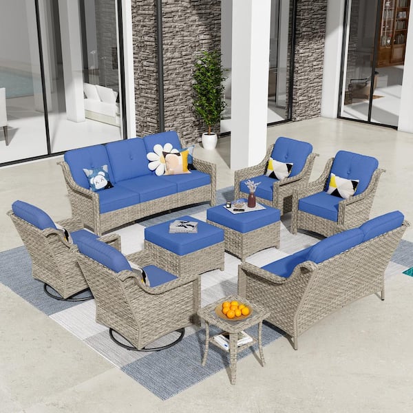 Tulip H Gray 9-Piece Wicker Patio Outdoor Conversation Sofa Set with Swivel Rocking Chairs and Navy Blue Cushions