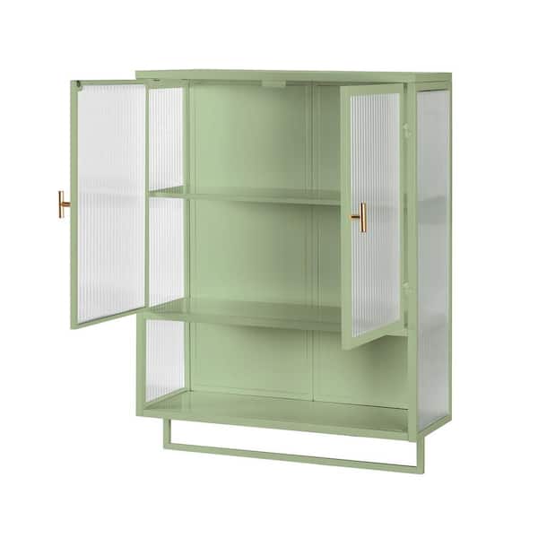 9.06 in. W x 23.62 in. D x 30.71 in. H in Green Iron Wall Cabinet with 2-Tier Enclosed Storage Open Shelf and Towel Rack
