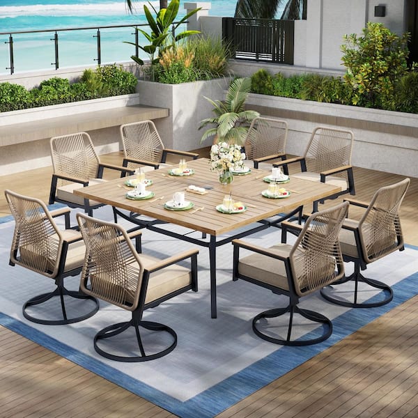 Black 9-Piece Metal Patio Outdoor Dining Set with Wood Grain Square Table and Woven Rope chairs with Beige Cushions