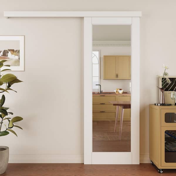 30 in. x 80 in. Hidden Track Style 1-Lite Clear Glass White Primed MDF Sliding Barn Door with Hardware Kit