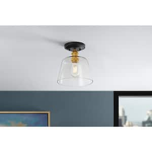 Sherman 1-Light Black Semi Flush Mount with Aged Brass Accents and Clear Glass