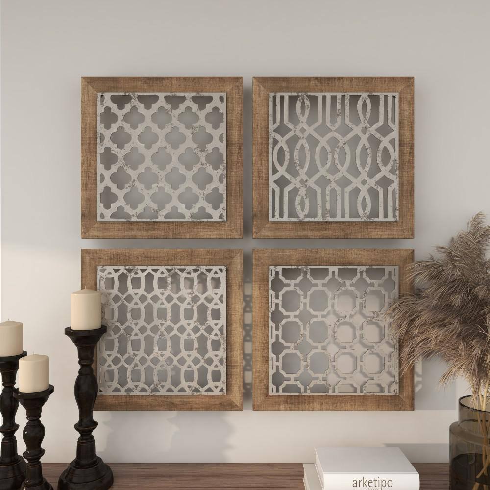 Rustic Farmhouse Iron & Wood Geometric Wall Decor Set, 19" Square