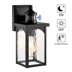 12 in. 1-Light Black Motion Sensing Dusk to Dawn Outdoor Hardwired Wall Lantern Sconce with Water Wave Clear Glass