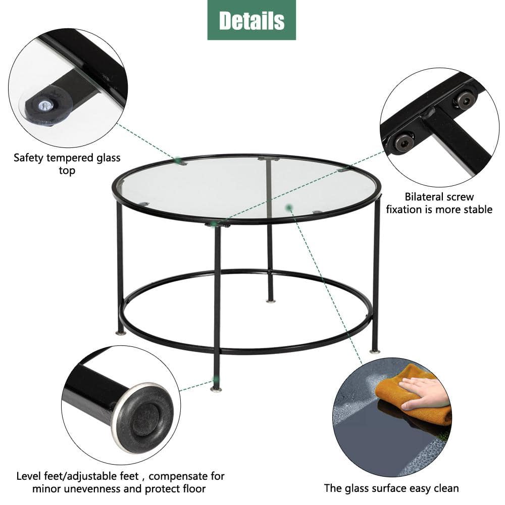 26" Round Tempered Glass Coffee Table with Black Metal Frame