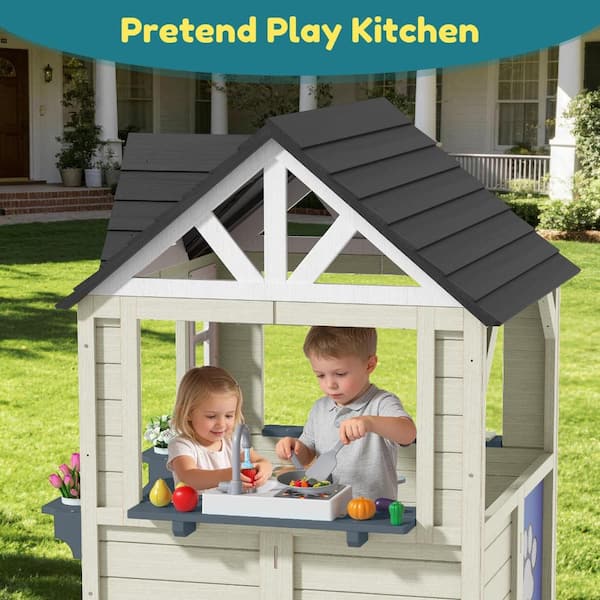 Outdoor Wooden Playhouse, Cedar Backyard Playhouse w/ Toy Kitchen, Doorbell, Mud Kitchen, Birdhouse, Wide Windows