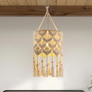 Bohemian 1-Light White Pendant Light with Adjustable Macrame Rattan Shade and Length, Plug-In