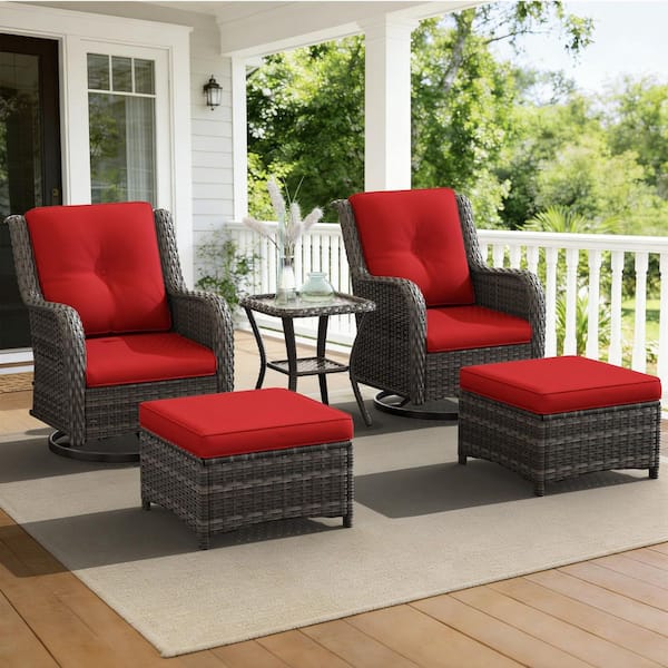 5-Piece Wicker Outdoor Patio Conversation Set Swivel Rocking Chair Set with Red Cushions
