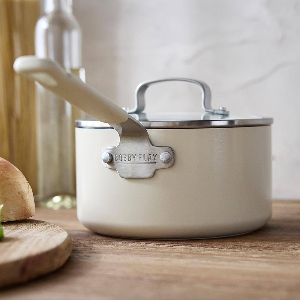 Cream 2.53QT Aluminum Nonstick Saucepan with Glass Lid