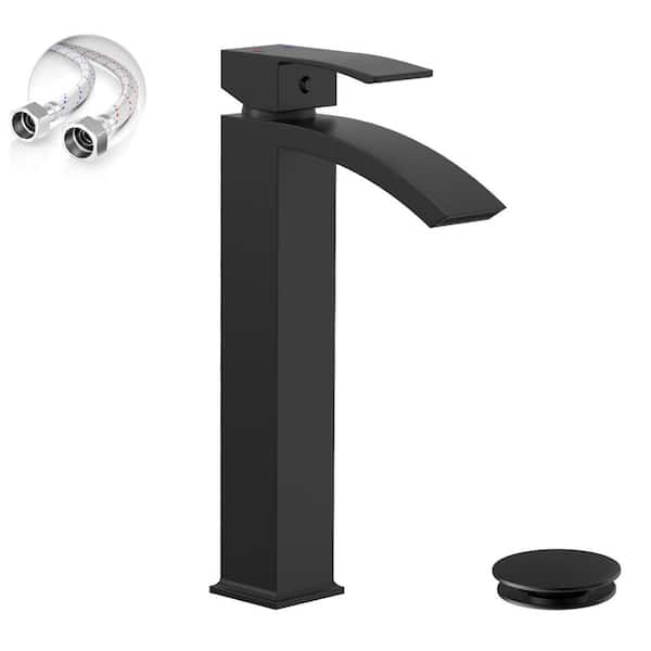 Single Handle Waterfall Vessel Sink Faucet with Drain Kit Included in Matte Black