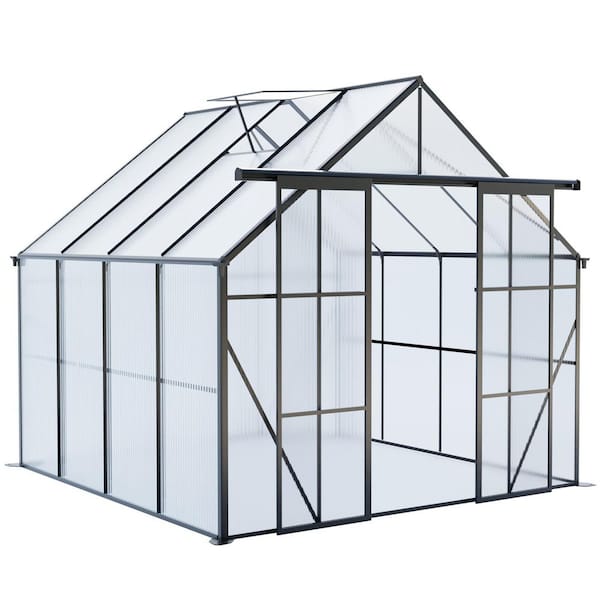 Unbranded 8 ft. W x 8 ft. D x 7 ft. H Polycarbonate Black Greenhouse for Outdoors with Aluminum Frame and 2-Adjustable Roof Vents