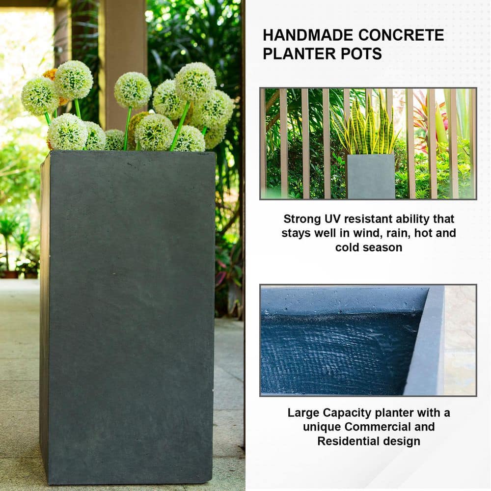 20" Tall Charcoal Lightweight Concrete Square Modern Outdoor Planter