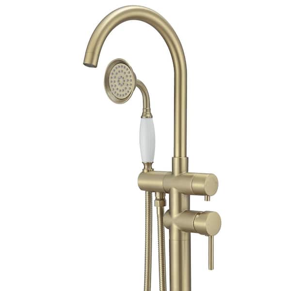 BWE 2-Handle Floor Mount Roman Tub Faucet with Hand Shower in Gold