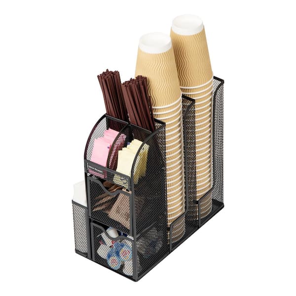 Mind Reader 6 Compartment Upright Breakroom Coffee Condiment and Cup  Storage Organizer, Black Metal Mesh