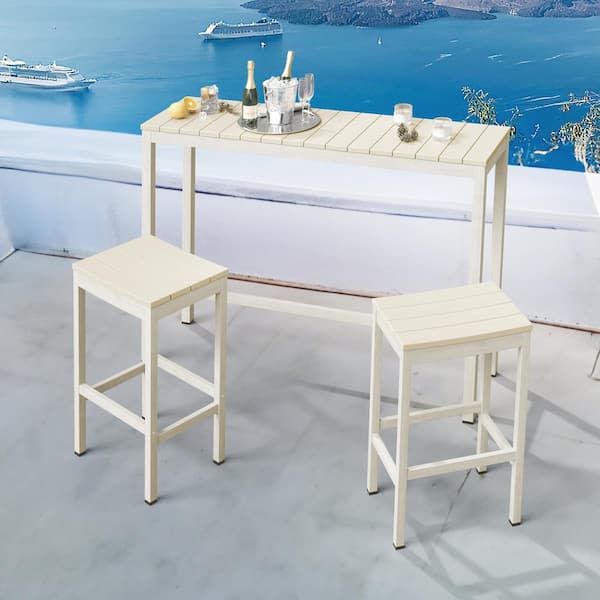 LUE BONA 3 Piece 55" Beige Outdoor Dining Table Set Aluminum Outdoor Bar Set HDPS Top With Bar Stools for Balcony