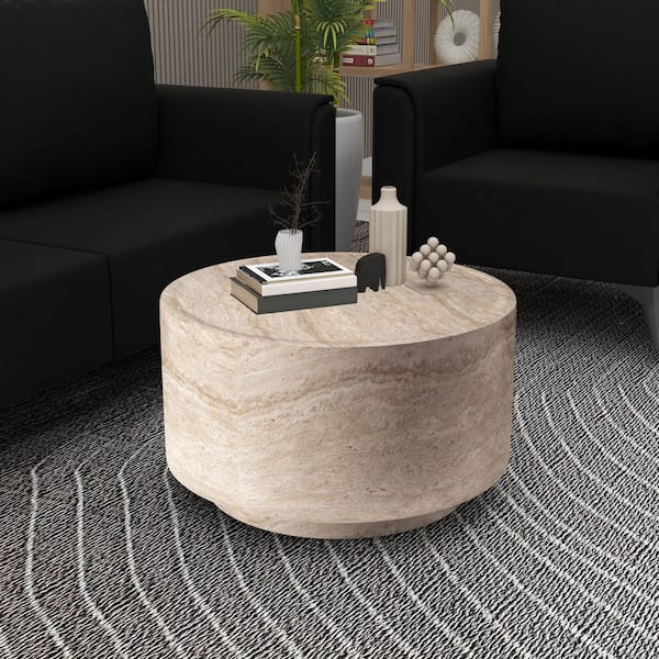 Minimalist Side Table with Assembled 36 in. Round Modern Fiberstone Top Accent Table for Terra Series in Travertine