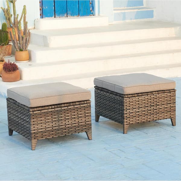 Opohoro ArcoBay Metal and Gray Wicker Outdoor Ottoman with Olefin Gray Family Cushion (2-Pack)