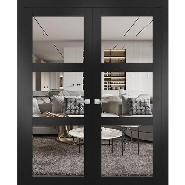 56 in. x 96 in. 2 Panel Black Matte Finished Solid Wood Sliding Door with Hardware