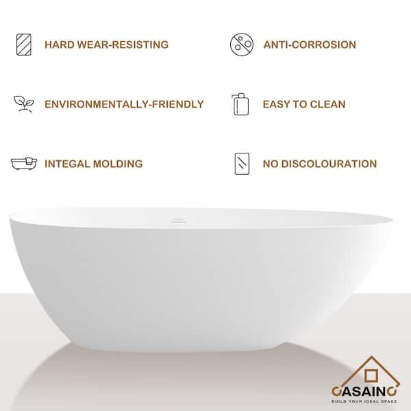 67 in. x 22 in. Solid Surface Stone Resin Stand Alone Freestanding Soaking Bathtub in Matte White with Center Drain
