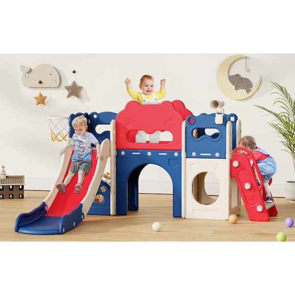 SEEUTEK Imke 7.2 ft. 8-In-1 Blue Red Toddler Slide Kids Indoor Slide for Toddler 1 to 3, Indoor Outdoor Toddler Slide Playset