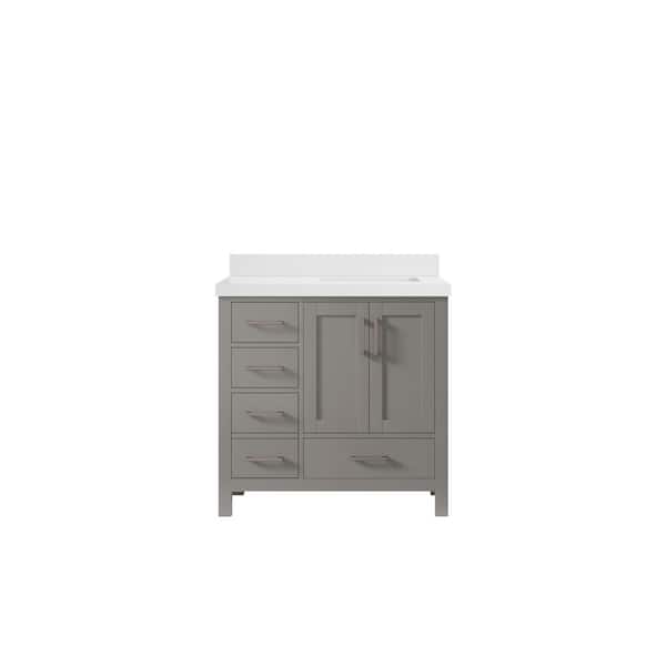 Willow Collections Malibu 36 in. W x 22 in. D x 36 in. H Right Offset Sink Bath Vanity in Gray with 2 in. White Quartz Top