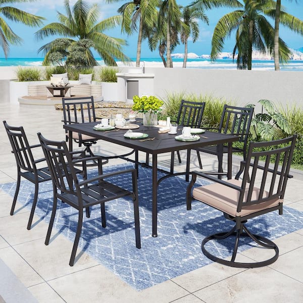 PHI VILLA 7-Piece Metal Patio Outdoor Dining Set with Rectangle Table and Stripe Swivel Chair with Beige Cushion
