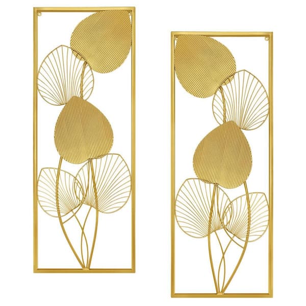 Unbranded 32 in. x 12 in. Gold Large Leaf Metal Wall Art for Living Room, Art Wall Sculpture, Wall Architectural Decor (Set of 2)