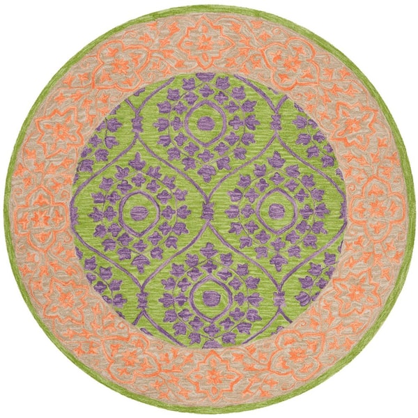 Suzani 5 ft. x 5 ft. Green/Violet Border Ornate Trellis Round Area Rug
