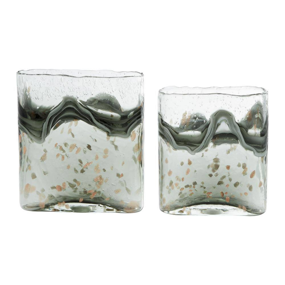 Elegant Gray Glass Vase Duo with Speckled Wave Design
