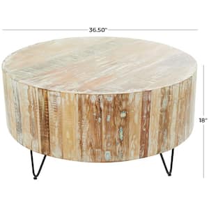 37 in. Brown Medium Round Mango Wood Handmade Distressed Coffee Table with Black Metal Hairpin Legs