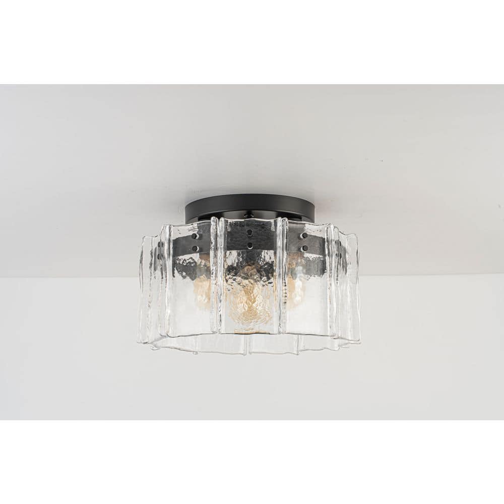 12.6 in. Modern Drum Matte Black 3-Light Semi-Flush Mount Ceiling Lighting with Rippled Glass for Foyer Dining Room price history on PriceWatchPro
