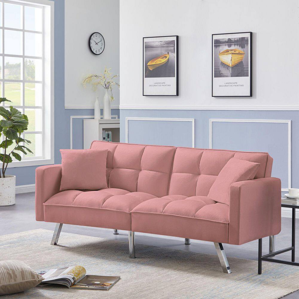 J&E Home 74 in. Pink Velvet 2Seater Loveseat Convertible Sofa Bed with