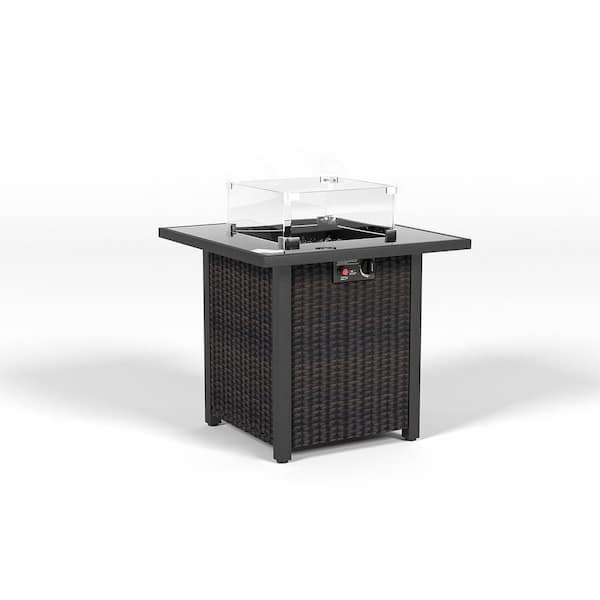 Tenleaf Brown Square Wicker Propane Fire Pit Table with Glass Windscreen Protector, Tempered Glass Tabletop