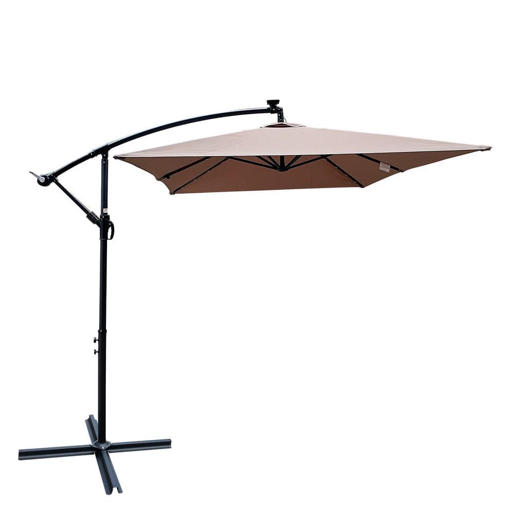 10 ft. Metal Cantilever Solar LED Outdoor Patio Umbrella in Mushroom