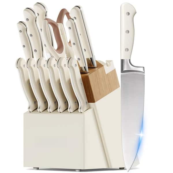 14-Piece Full Tang Stainless Steel Kitchen Knife Set with Sharpener Block and Anti-Slip Ergonomic Handle, Cream White
