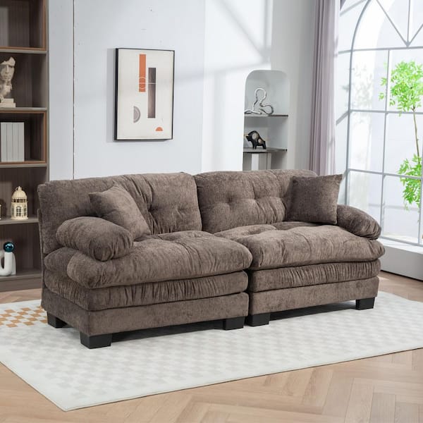 84 in. Dual-Layer Modular Chenille Rectangle Deep Seat Pillow Top Arm Sectional Sofa in Gray