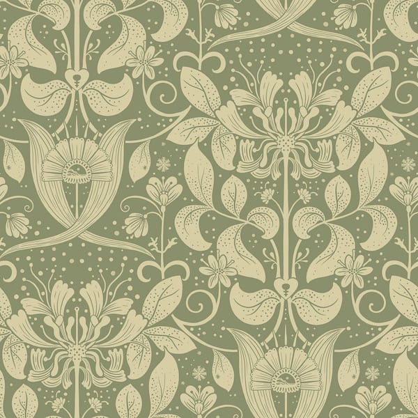 A-Street Prints Berit Green Floral Crest Wallpaper Sample