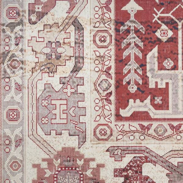 5' X 7' Red and Ivory Oriental Distressed Non Skid Area Rug