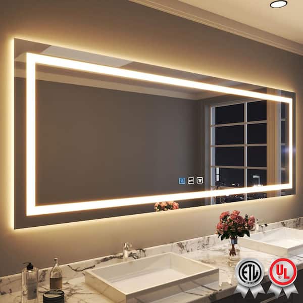 waterpar 96 in. W x 36 in. H Rectangular Frameless Wall Bathroom Vanity Mirror with Backlit and Front Light