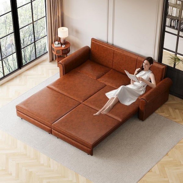 Harper & Bright Designs 93.7 in. Light Brown Faux Leather King Size Pull Out Sofa Bed with Nailhead Trim and Rolled Arm, 3 Pillows