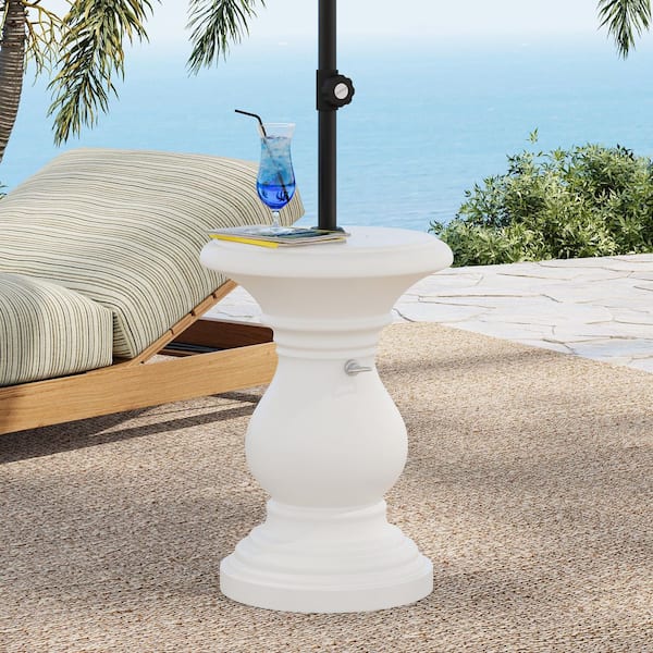 Strata White Magnesium Oxide(MGO) Round Patio Umbrella Base Outdoor Side Table with Umbrella Hole