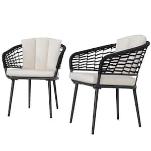 Black Outdoor Patio Woven Rope Chairs with 1.97 in. Thick Beige Cushions (2-Pack)