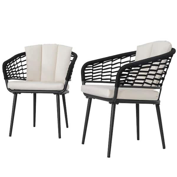 Nuu Garden Black Outdoor Patio Woven Rope Chairs with 1.97 in. Thick Beige Cushions (2-Pack)