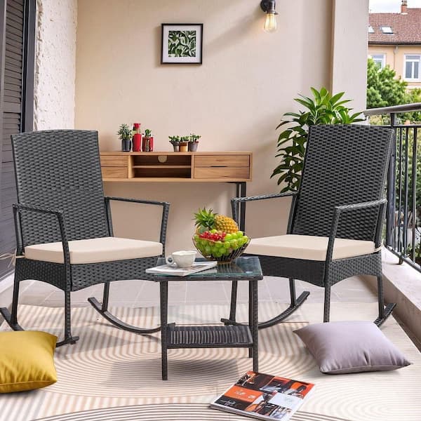 Tozey 3-Pieces Brown High Back Plastic Outdoor Rocking Chair with Beige Cushion (2 of Chairs Included)
