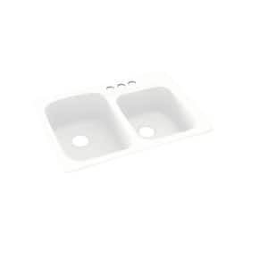 Dual-Mount Solid Surface 33 in. x 22 in. 3-Hole 55/45 Double Bowl Kitchen Sink in White