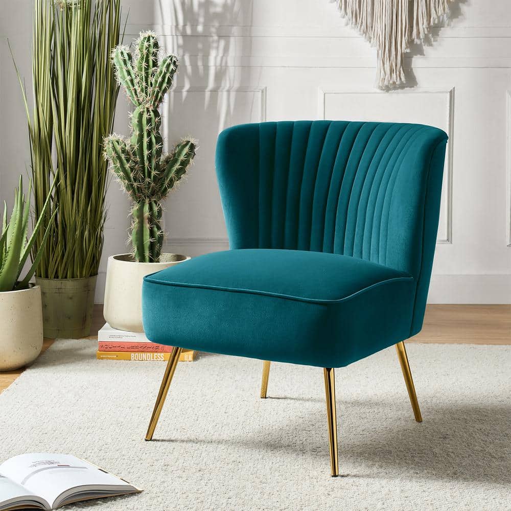 Teal Velvet Wingback Accent Chair with Gold Metal Legs