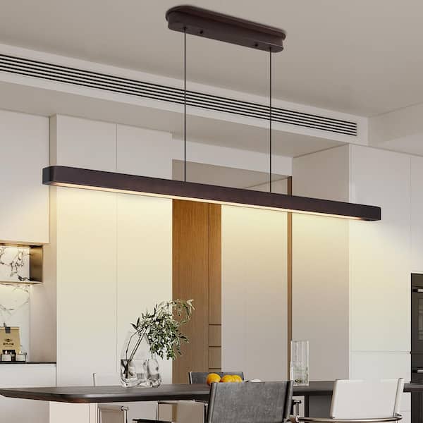 51 in. 1 Light Brown Walnut LED Pendant Light with Remote and Adjustable Height-Rectangular Bar-Shaped Design