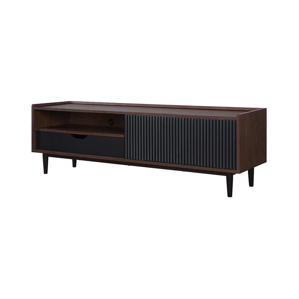 Duane Dark Brown and Black Ribbed TV Stand with Iron Legs