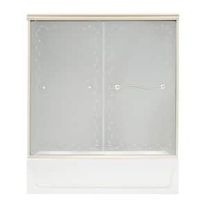 Vine 59-1/2 in. x 57-3/8 in. Frameless Sliding Tub/Shower Door in Satin Nickel Clear Vine Glass