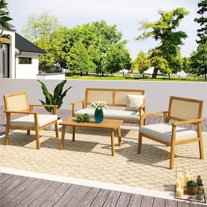 4-Piece Acacia Wood Conversation Sofa Set with Wicker Mesh Design, Beige Cushions